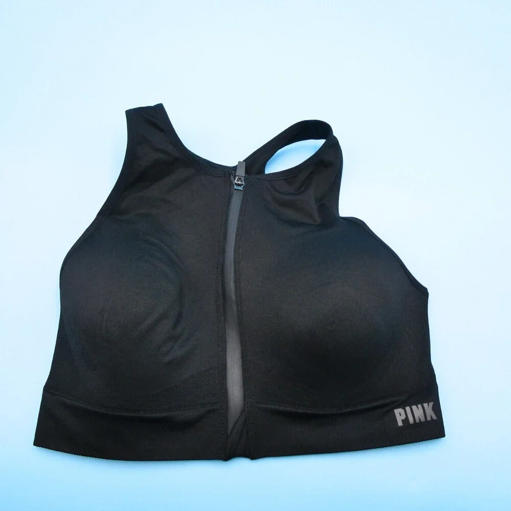 Victorias Secret Sports Bra Medium‎ Black PINK Active Seamless Air Front Zipper